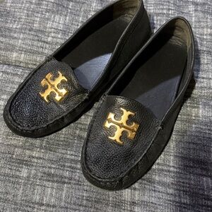Tory Burch Black Leather Loafers with Gold Logo